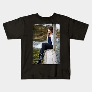 Woman tourist on a wooden bridge Kids T-Shirt